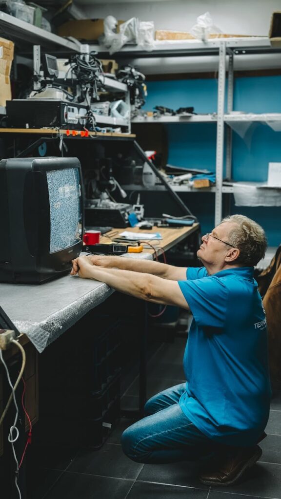 Man repairing an old television with static in a cluttered workshop setting.